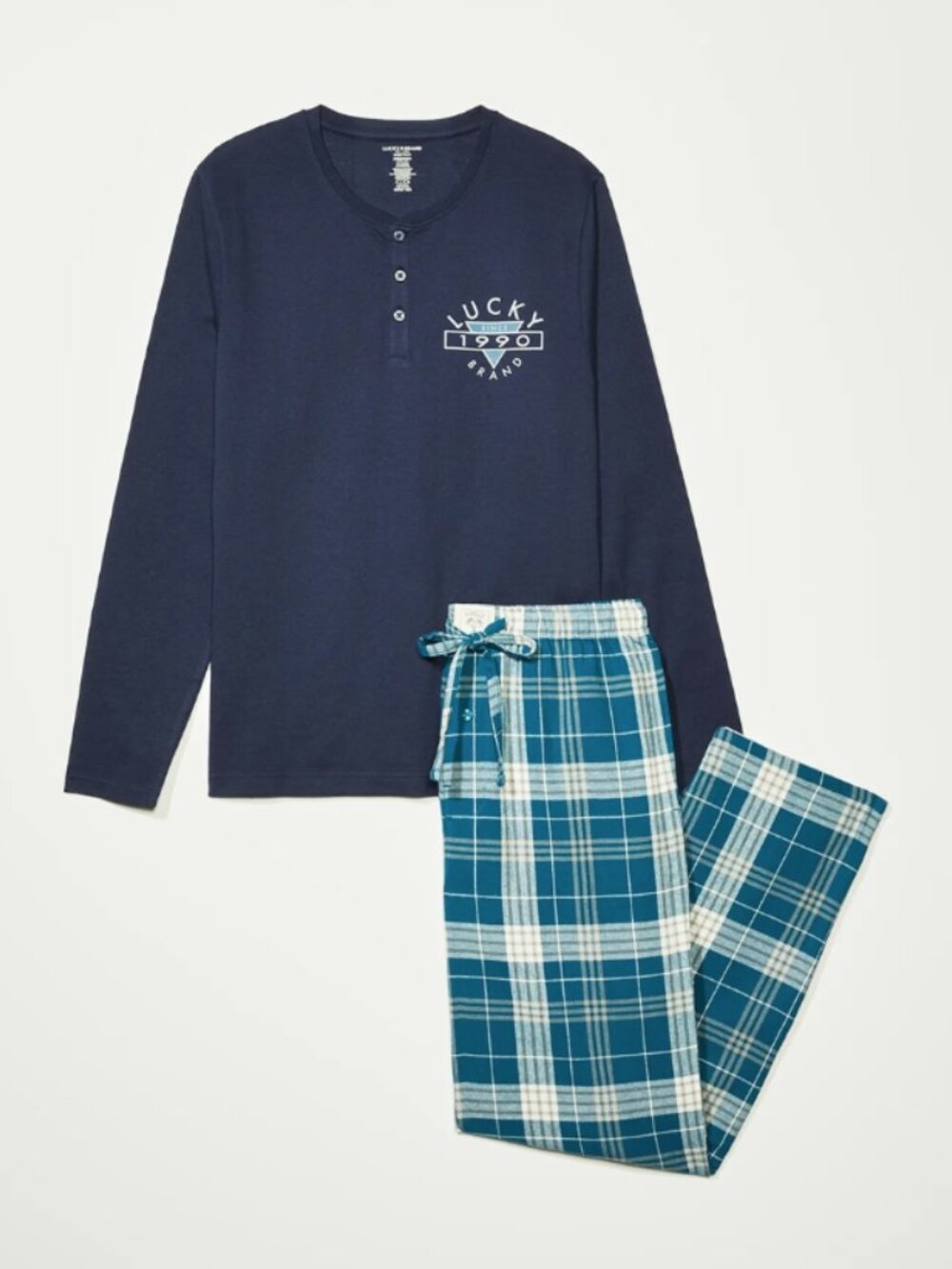 Lucky Brand Men's Navy Blue Henley Top & Plaid Flannel Pajama Pants Set - Large